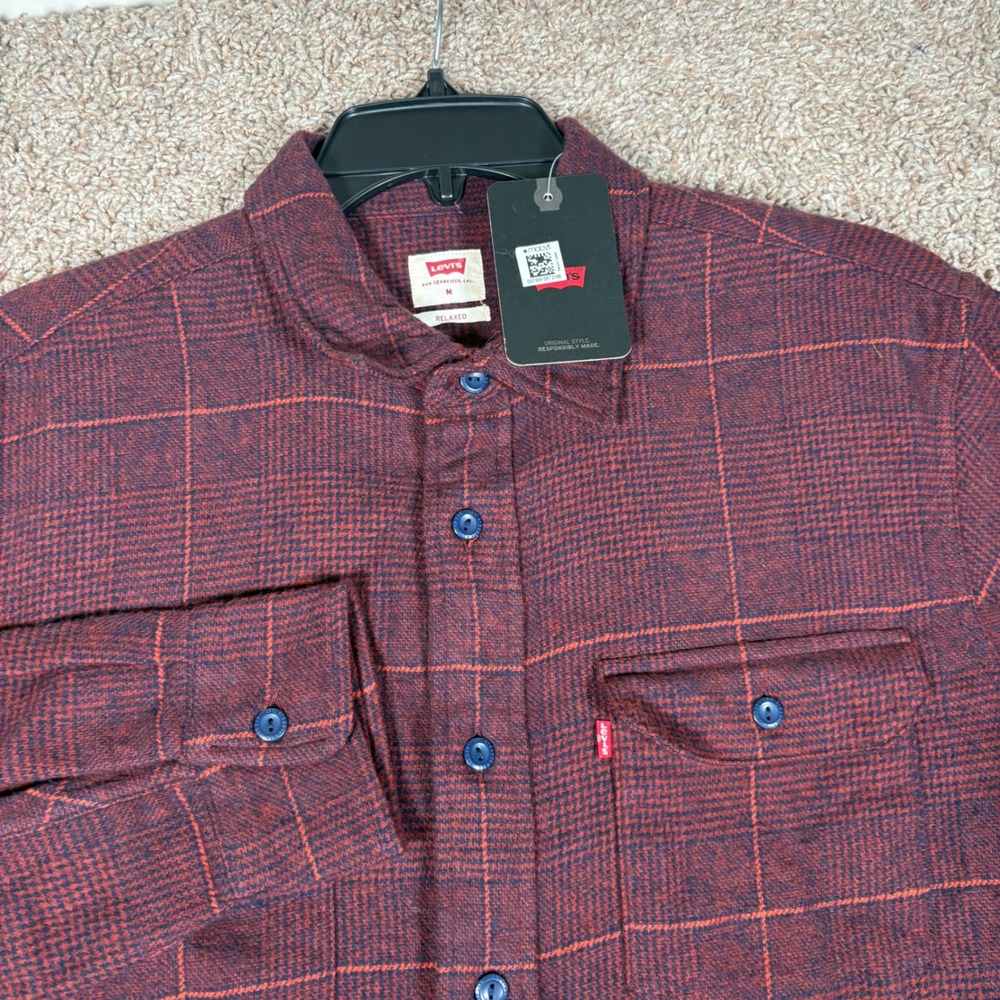 Levis Mens Relaxed Fit Flannel Shirt Burgundy Orange Plaid Cotton M NEW